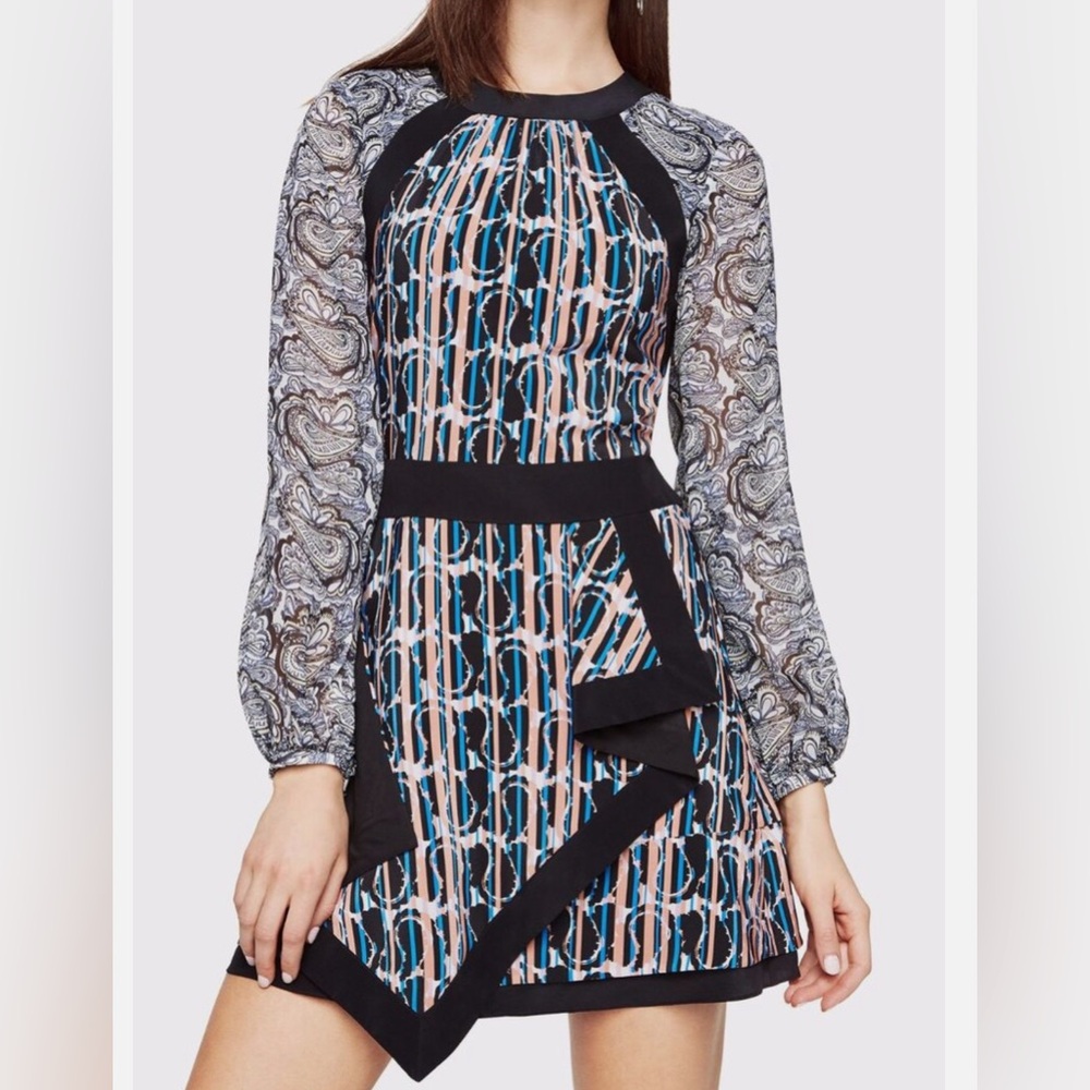 BCBGMaxAzria Blue and Black Fit and Flare Long Sleeve Dress